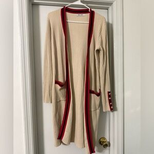 Grace Karin Cream Ribbed Long Cardigan with Red & Purple Trim